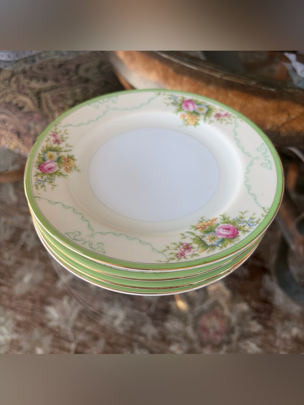 VTG Grace China Bread Plate-6.5” “Formal Garden”-Green Trim/Floral Print 4-count